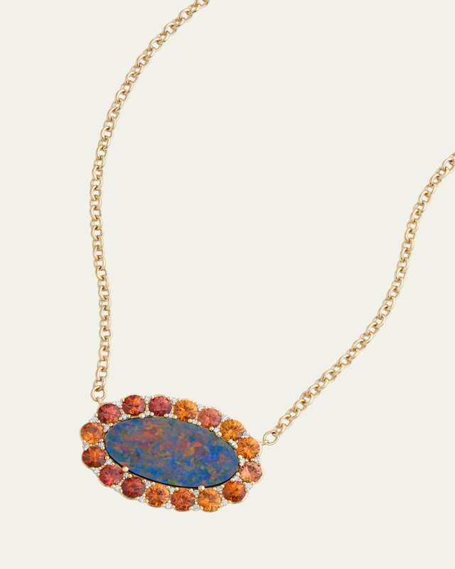 18K Gold Opal Necklace with Orange Sapphire and Diamonds